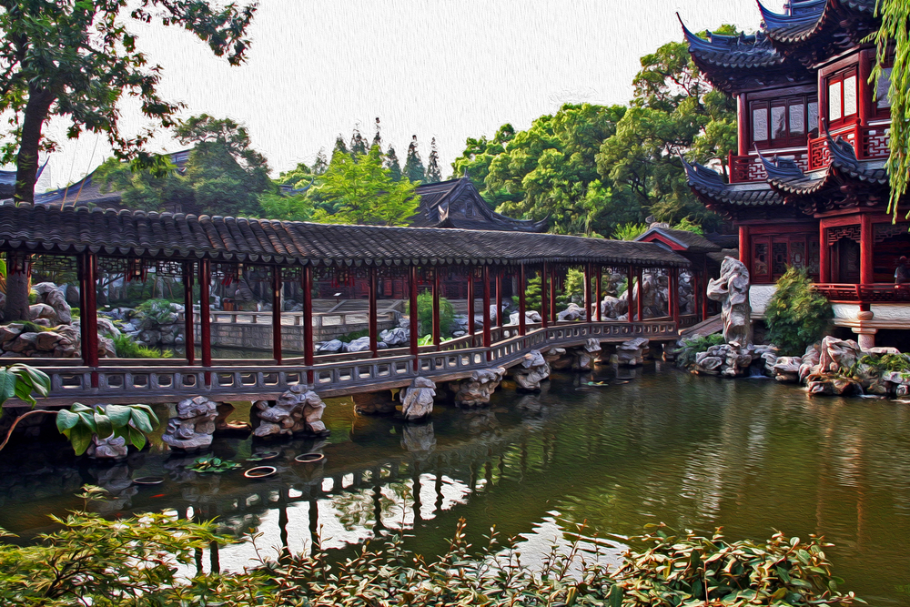 Photo of a fragment of a pavilion and pond in Yuyuan gardens, Shanghai, stylized and filtered to resemble an oil painting.