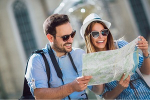 Tourist couple in love enjoying city sightseeing