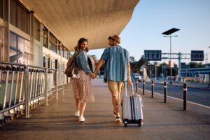 Happy couple of tourists