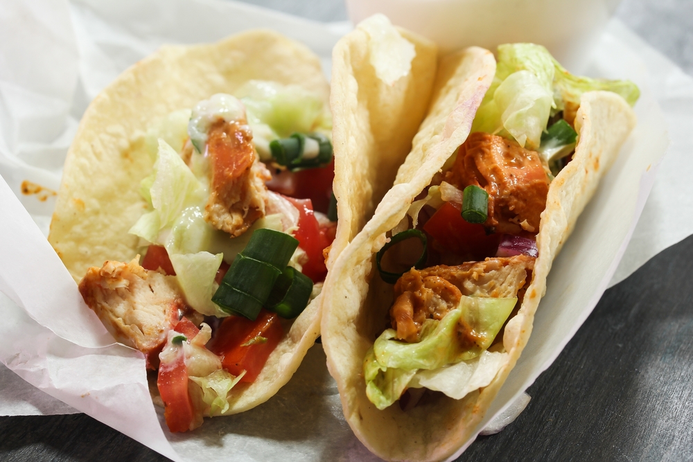 Chicken Tikka Tacos served with yogurt dip