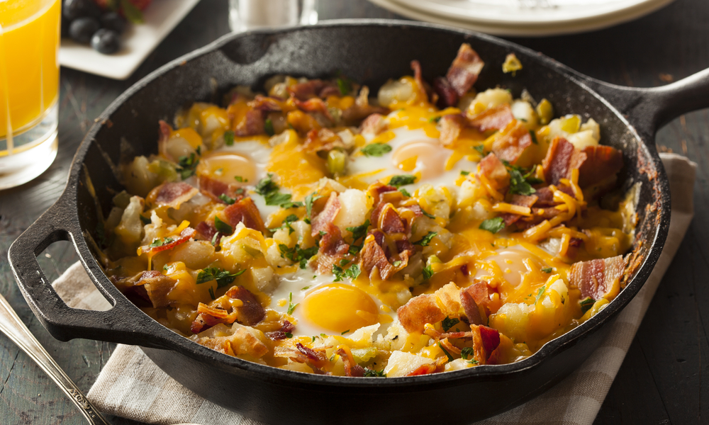 Homemade Hearty Breakfast Skillet with Eggs Potatoes and Bacon