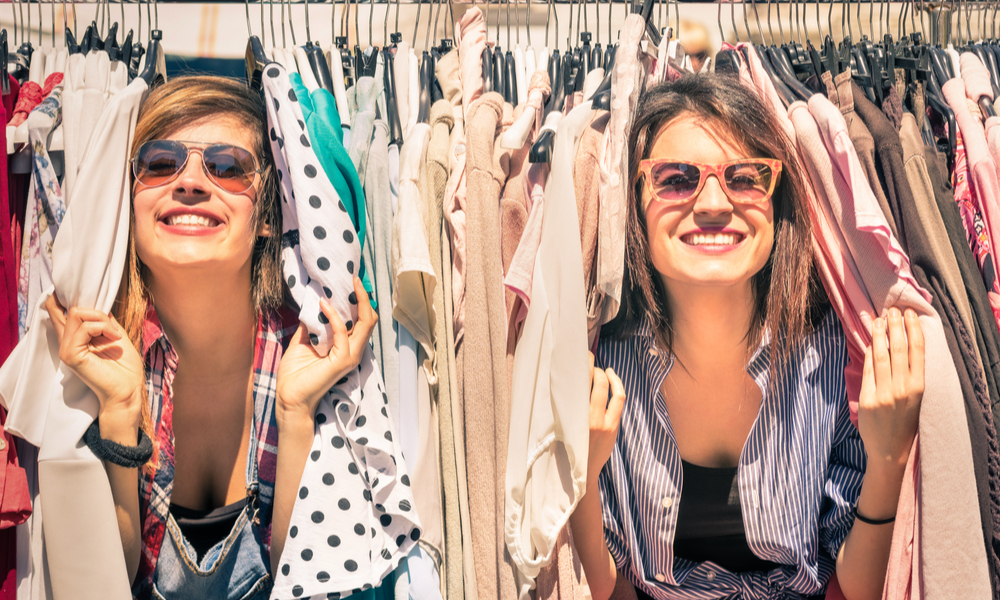 Young beautiful women at the weekly cloth market